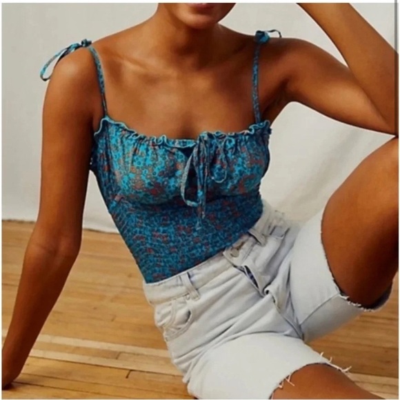 Free People Bardot Bodysuit size Small Blue Teal Floral - Picture 1 of 6